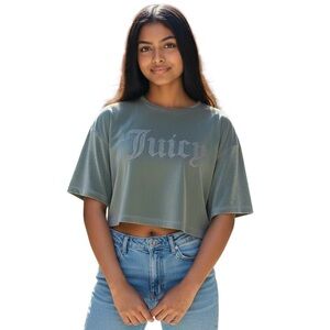 JUICY COUTURE Velour Cropped Top Green Short Sleeve Rhinestone Logo
